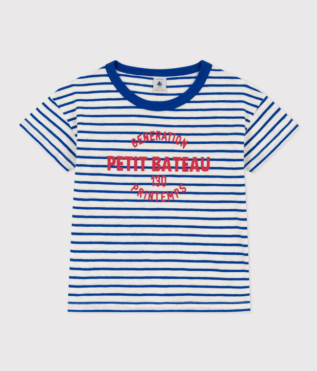 Camiseta de algod&oacute;n a rayas para ni&ntilde;o/ni&ntilde;a blanco/azul