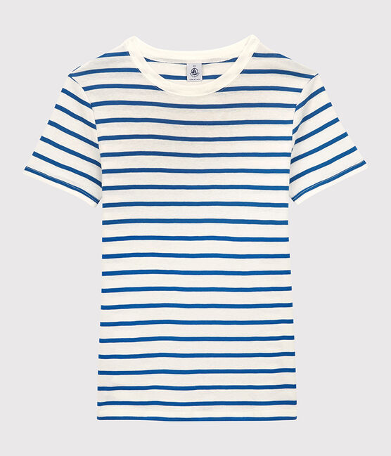 Camiseta L'ICONIQUE con cuello redondo de algodón orgánico de mujer blanco MARSHMALLOW/azul DELFT