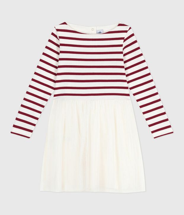 Vestido infantil de manga larga de algod&oacute;n y tul rojo/rojo