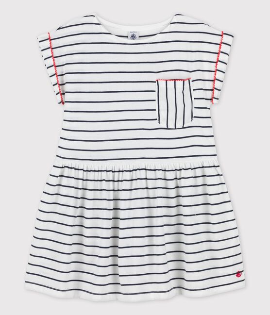 Vestido de manga corta de algodón de niña blanco MARSHMALLOW/azul SMOKING