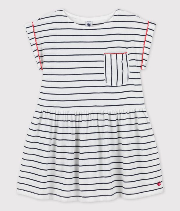 Vestido de manga corta de algod&oacute;n de ni&ntilde;a blanco/azul