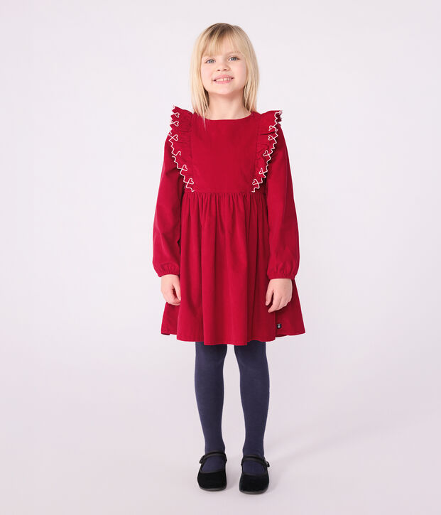 Vestido infantil liso de pana de manga larga rojo