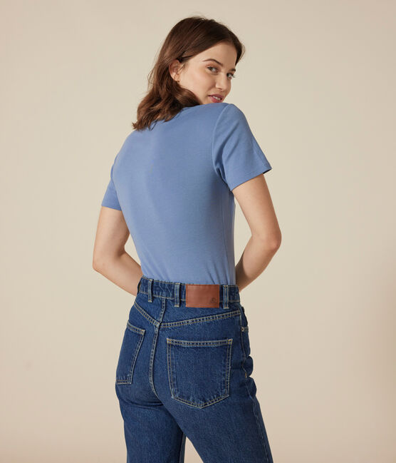 Camiseta La Icónica lisa de algodón con cuello de pico para mujer azul BEACH
