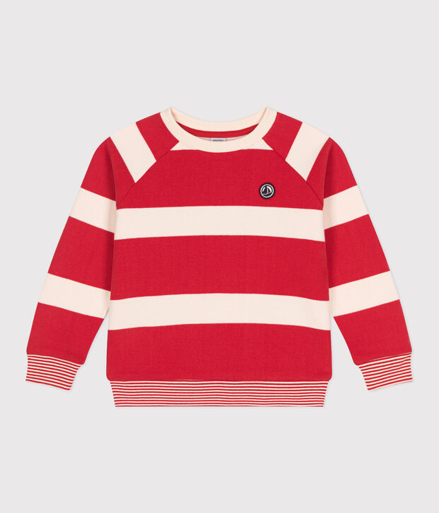 Sudadera infantil unisex de algod&oacute;n a rayas rojo/crudo