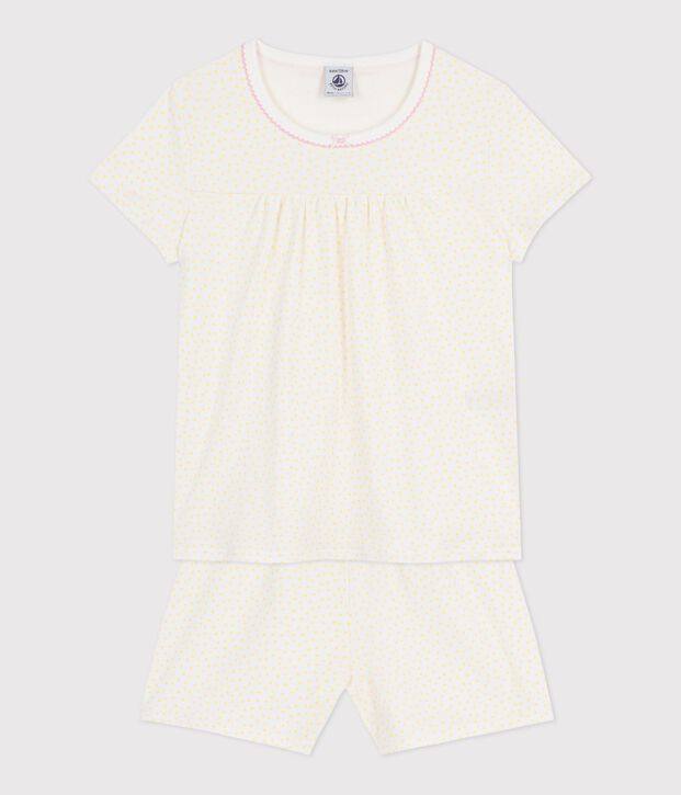 Pijama corto infantil de algod&oacute;n con frunces y estampado de lunares amarillo/blanco