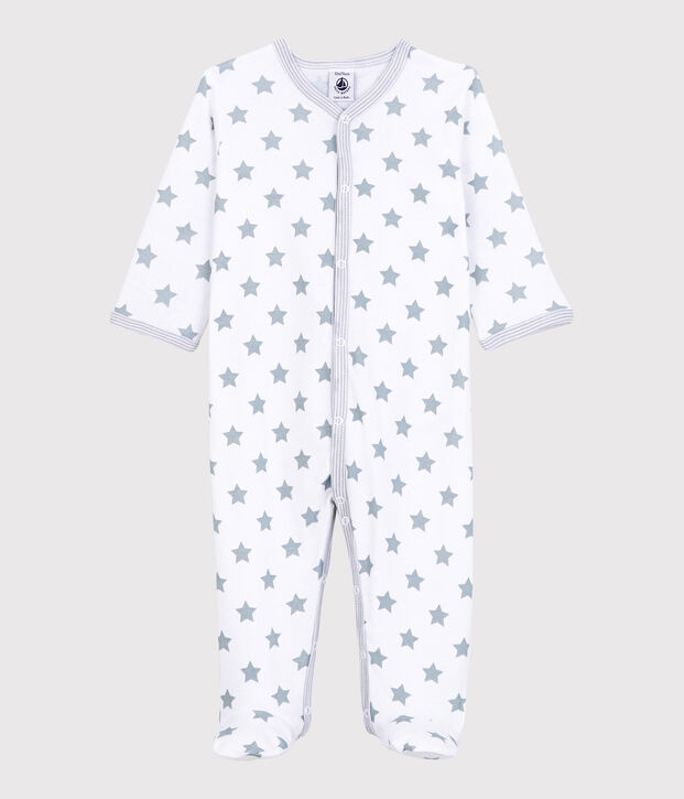 Pijama enterizo con estrellas grises de beb&eacute; de algod&oacute;n blanco/gris