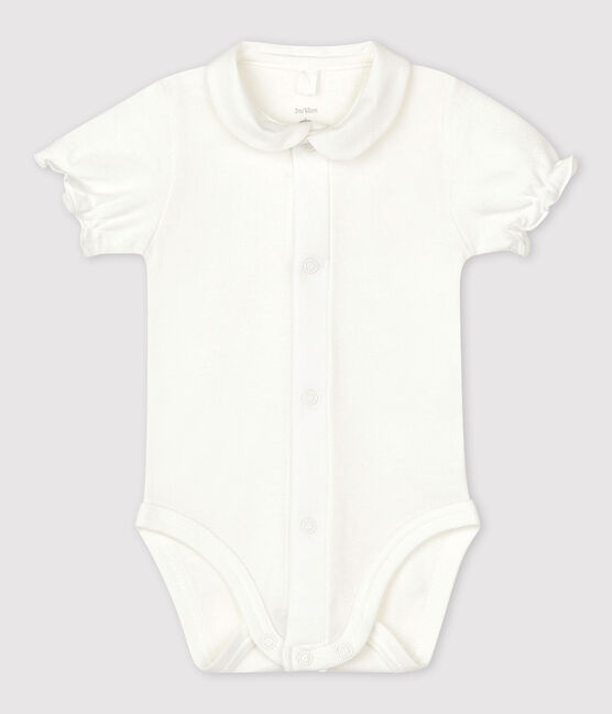 Bodi con cuello y manga corta de algodón ecológico para bebé blanco MARSHMALLOW