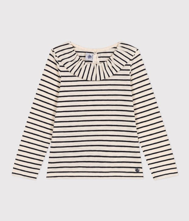 Camiseta de manga larga de jersey flameado para ni&ntilde;a crudo/azul