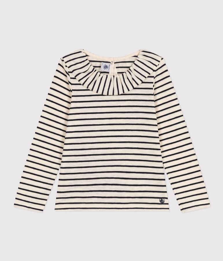 Camiseta de manga larga de jersey flameado para ni&ntilde;a crudo/azul