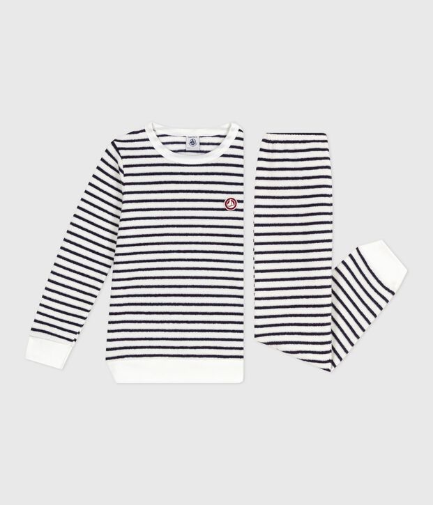 Pijama infantil de rizo de algod&oacute;n a rayas azul/azul