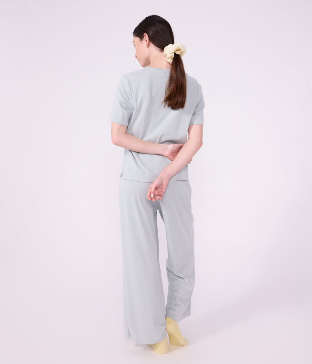 Pijama de algod&oacute;n a rayas de pernera ancha para mujer gris/blanco