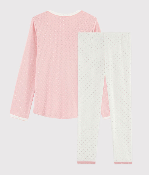 Pijama rosa con lunares de ni&ntilde;a de punto calado blanco/rosa