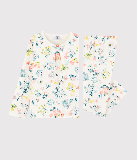 Pijama de flores primaverales de niña de tejido tubular blanco MARSHMALLOW/blanco MULTICO