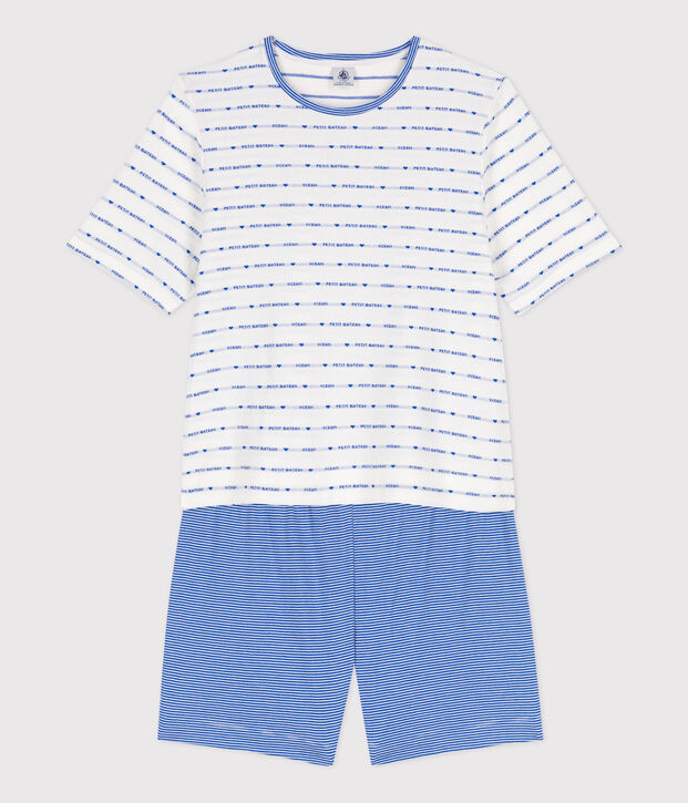 Pijama corto de algod&oacute;n para mujer blanco/azul