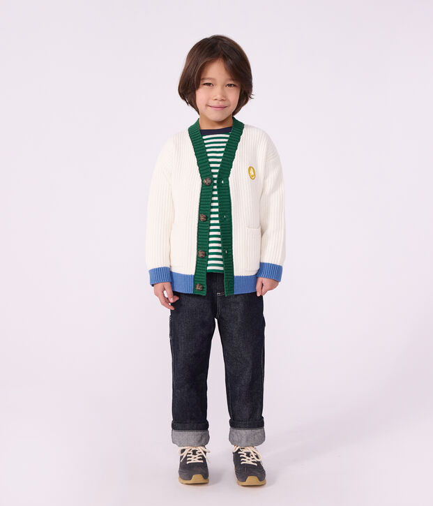 C&aacute;rdigan infantil liso de algod&oacute;n blanco/multicolor
