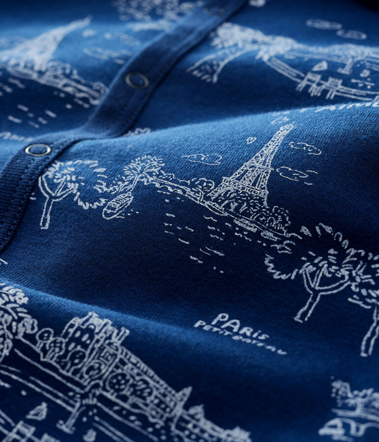 Pijama enterizo sin pies en tela de Jouy de beb&eacute; de algod&oacute;n azul MEDIEVAL/blanco ECUME