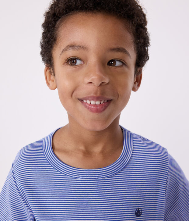 Pijama infantil corto de algod&oacute;n a rayas azul/blanco