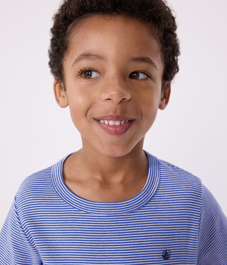 Pijama infantil corto de algod&oacute;n a rayas azul/blanco