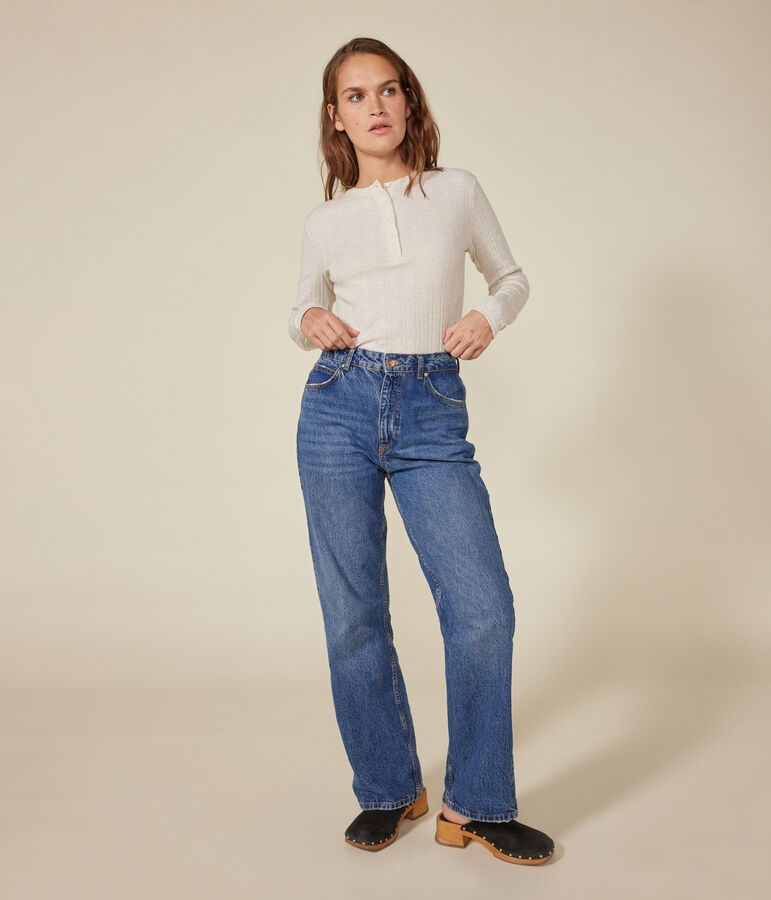 Camiseta lisa de manga larga de punto desagujado con cuello mao para mujer beige MONTELIMAR CHINE