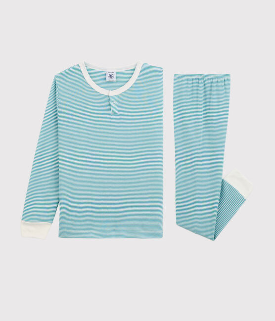 Pijama a rayas de niña/niño algodón y lyocell azul MIROIR/blanco MARSHMALLOW