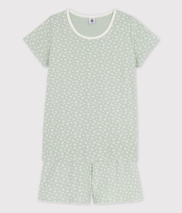 Pijama corto con flores de algod&oacute;n de chica verde/blanco