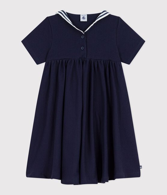 Vestido infantil liso de algodón de manga corta azul SMOKING