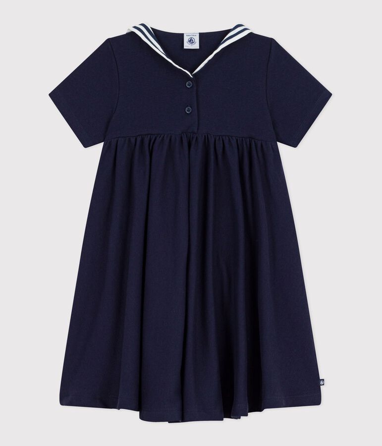 Vestido infantil liso de algod&oacute;n de manga corta azul SMOKING