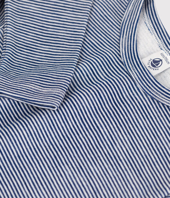 Camiseta de manga larga milrayas de niña/niño de lana y algodón azul MEDIEVAL/blanco MARSHMALLOW
