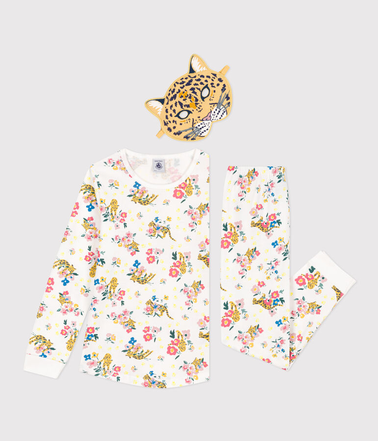 Pijama disfraz fluorescente de algod&oacute;n estampado con antifaz de pantera para ni&ntilde;o/a blanco MARSHMALLOW/blanco MULTICO