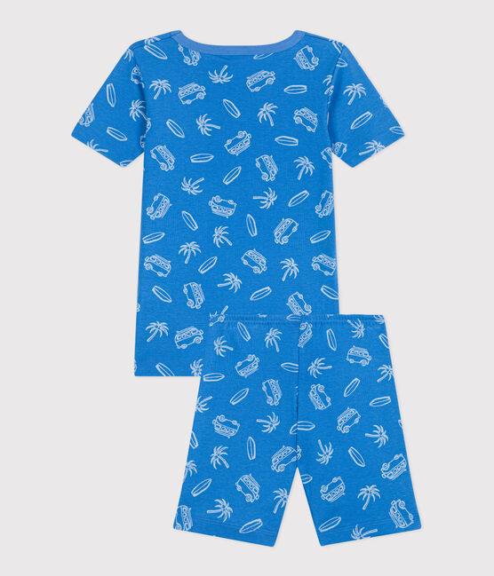 Pijama infantil corto y muy ajustado de algodón con estampado de furgonetas azul BRASIER/gris MARSHMALLOW