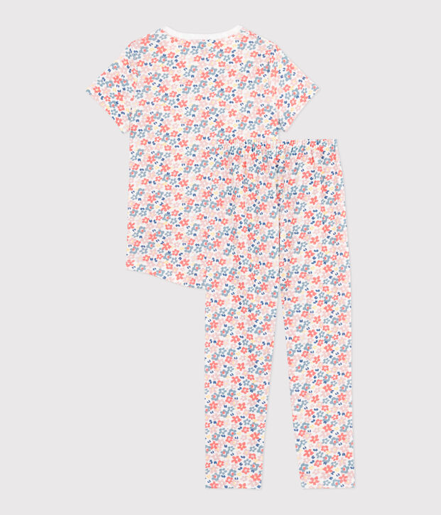 Pijama infantil de algod&oacute;n de manga corta y pierna larga con estampado blanco/multicolor