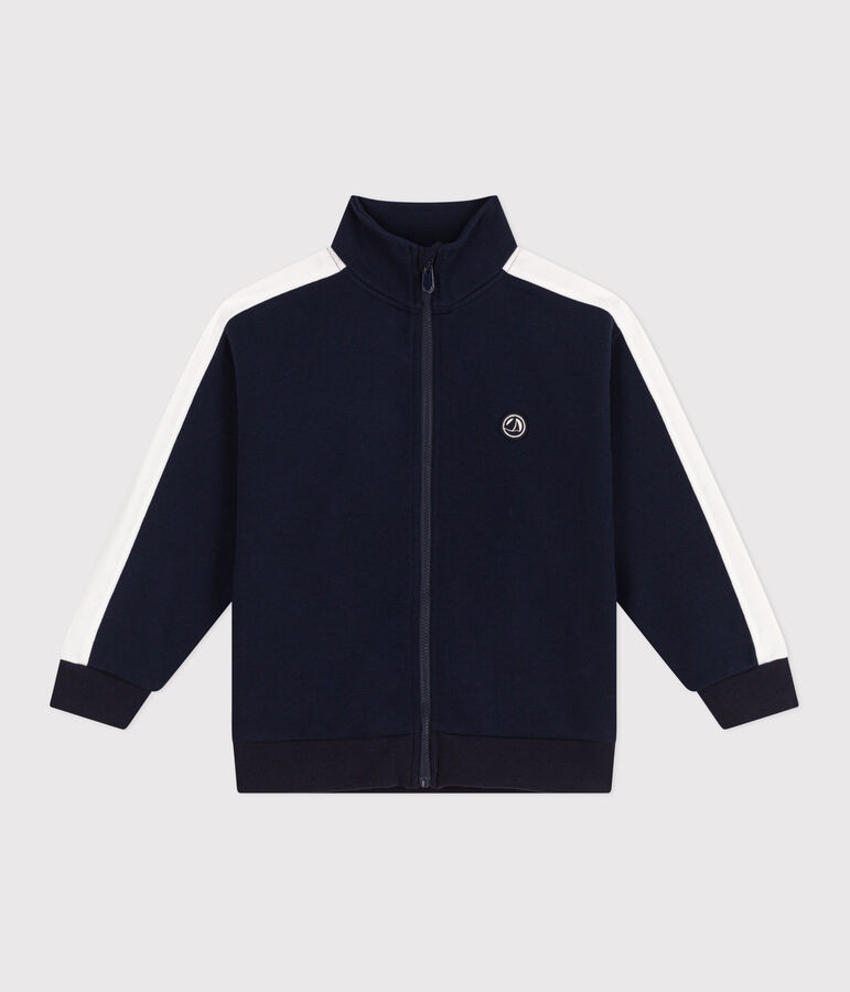 Sudadera infantil de algod&oacute;n liso con cuello alto con cremallera azul