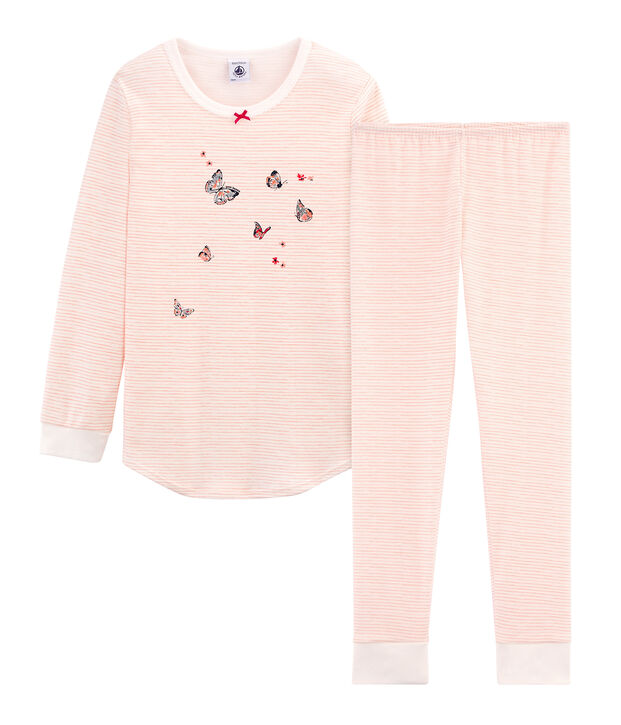 Pijama de algod&oacute;n infantil para ni&ntilde;a blanco/rosa