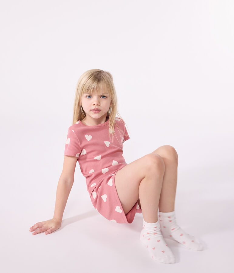 Pijama corto infantil de algod&oacute;n con corazones rosa/blanco
