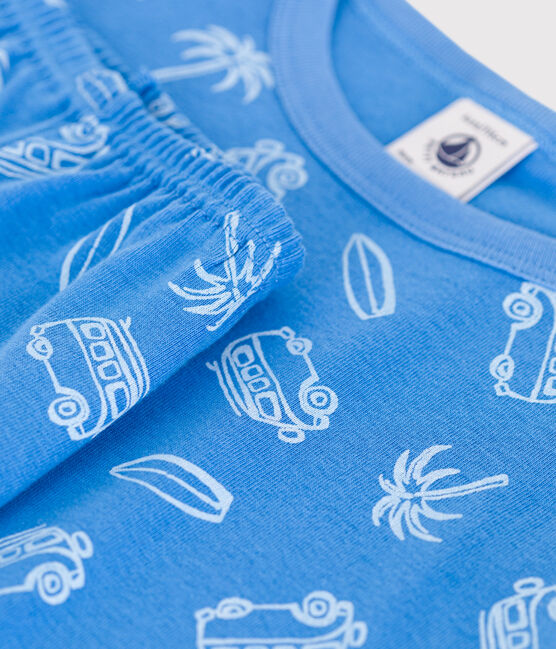 Pijama infantil corto y muy ajustado de algodón con estampado de furgonetas azul BRASIER/gris MARSHMALLOW