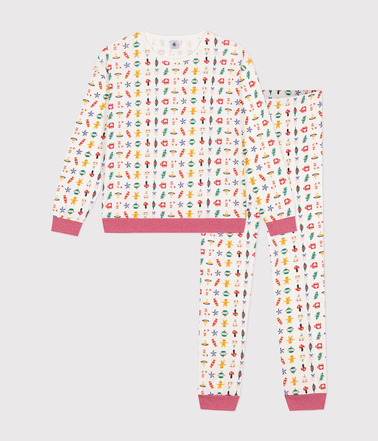 Pijama de algod&oacute;n con estampado de Navidad blanco/multicolor