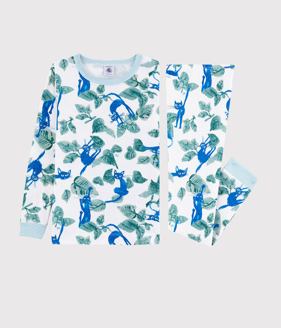 Pijama snugfit con estampado de gato de algodón de niño blanco MARSHMALLOW/blanco MULTICO