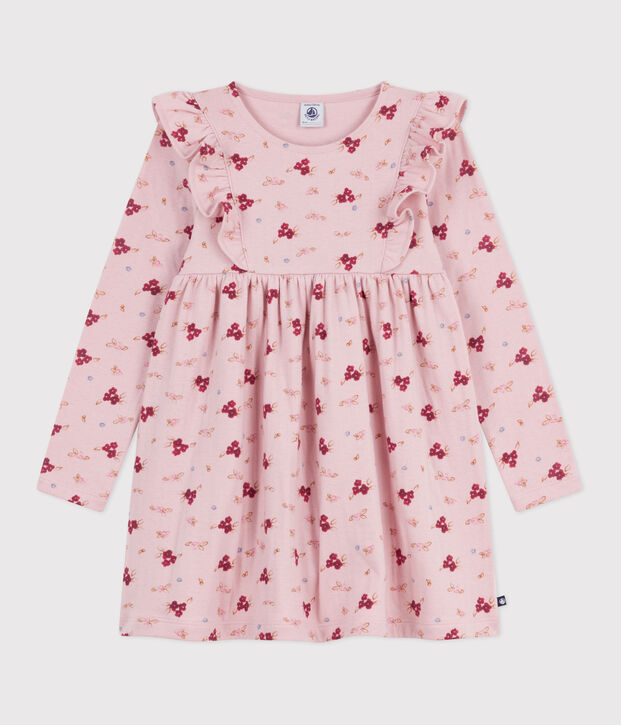 Vestido infantil de manga larga de algod&oacute;n rosa/multicolor