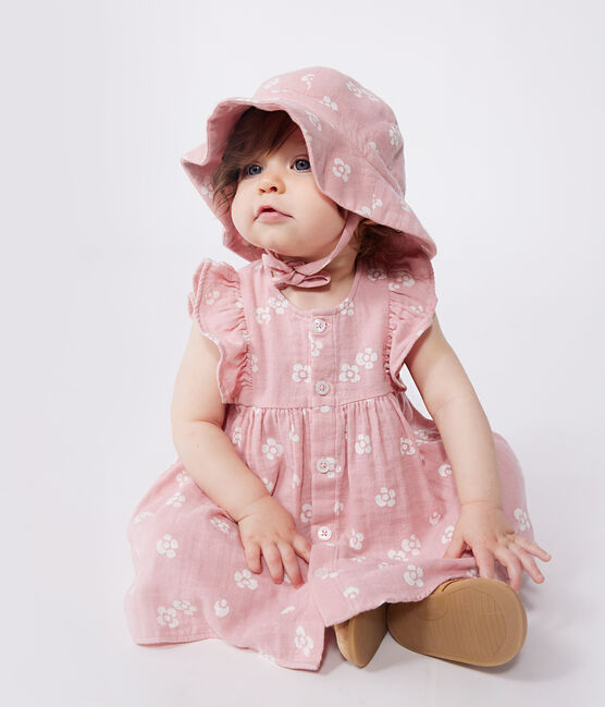 Vestido de gasa de algodón y pololo con estampado de flores para bebé rosa CHARME/blanco MARSHMALLOW