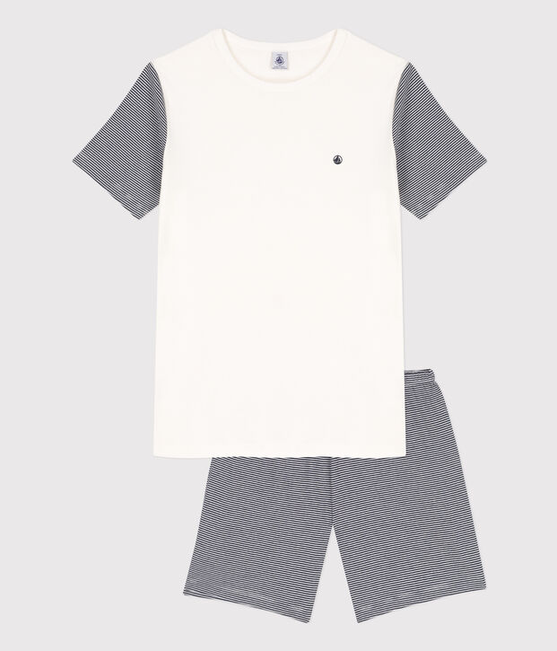 Pijama corto de algod&oacute;n milrayas para ni&ntilde;o azul/blanco