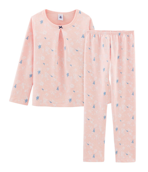 Pijama rosa con estampado de ping&uuml;inos para ni&ntilde;a y de punto de doble cara. rosa/multicolor