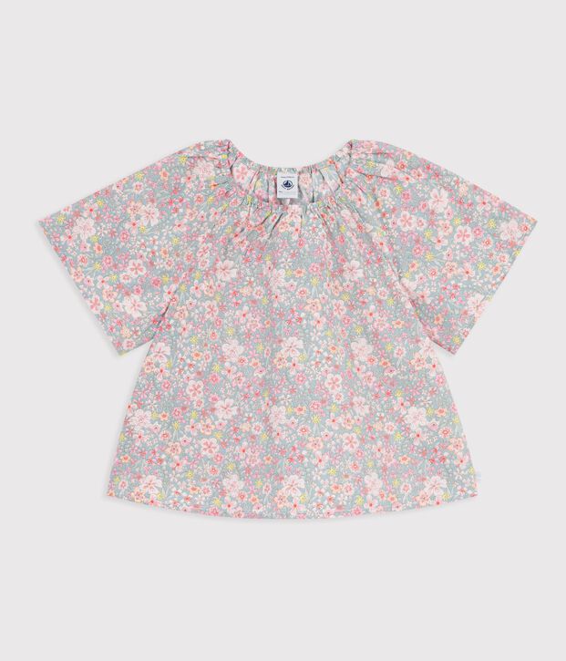 Blusa infantil de algod&oacute;n de manga corta con estampado de flores azul/multicolor