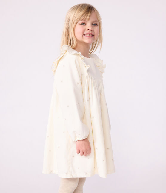 Vestido infantil liso de pana de manga larga crudo MILK/ ARGENT