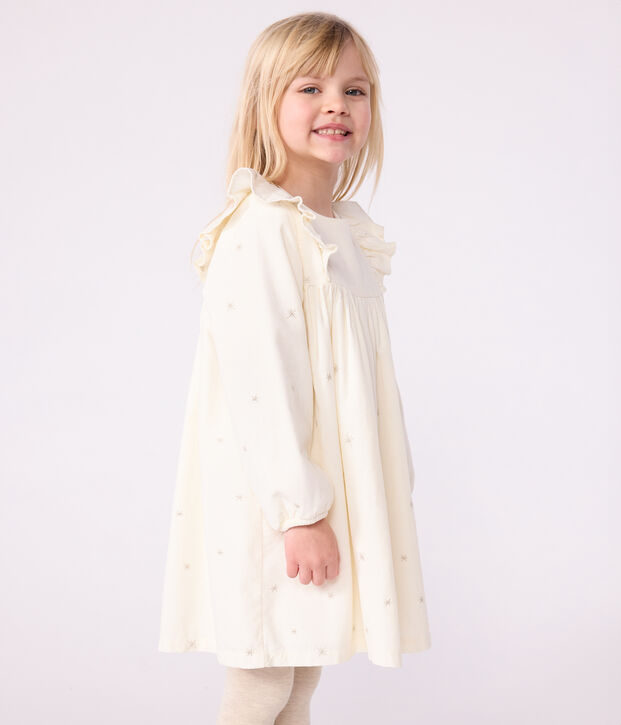 Vestido infantil liso de pana de manga larga crudo/gris