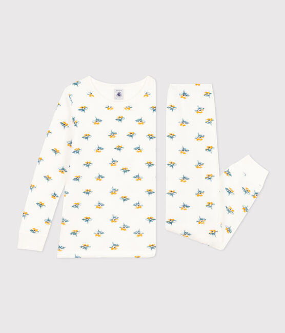 Pijama de rizo cepillado con flor para niña blanco MARSHMALLOW/blanco MULTICO