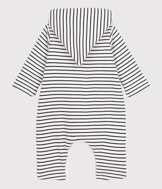 Mono largo de algod&oacute;n con capucha y rayas marineras para beb&eacute; blanco/azul