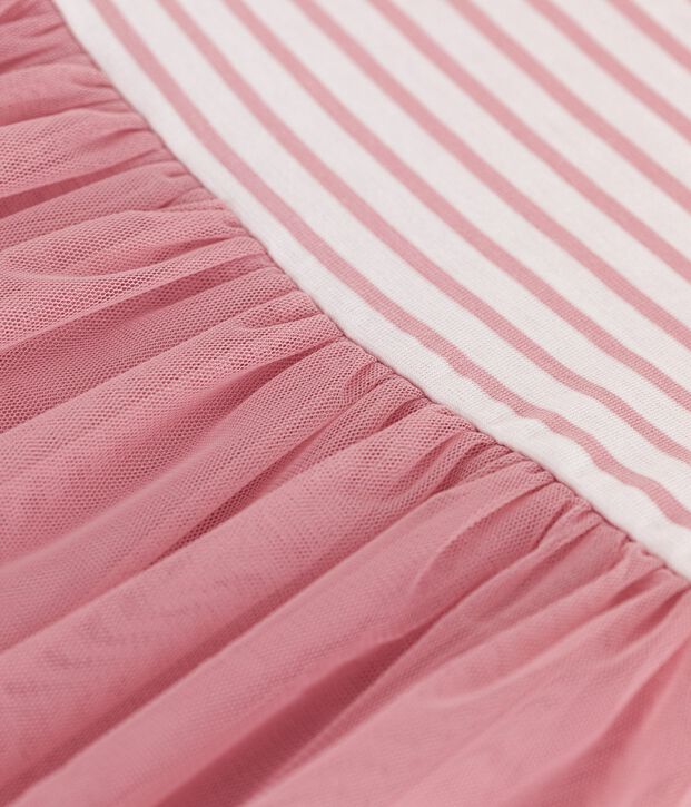 Vestido infantil de manga corta de algod&oacute;n y tul para ni&ntilde;a blanco/rosa