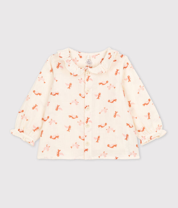 Blusa de beb&eacute; con estampado de p&aacute;jaros de gasa de algod&oacute;n crudo/multicolor