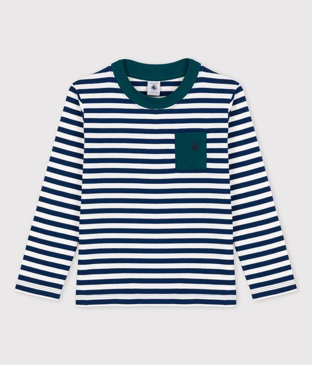 Camiseta de manga larga de algod&oacute;n de ni&ntilde;o azul/blanco
