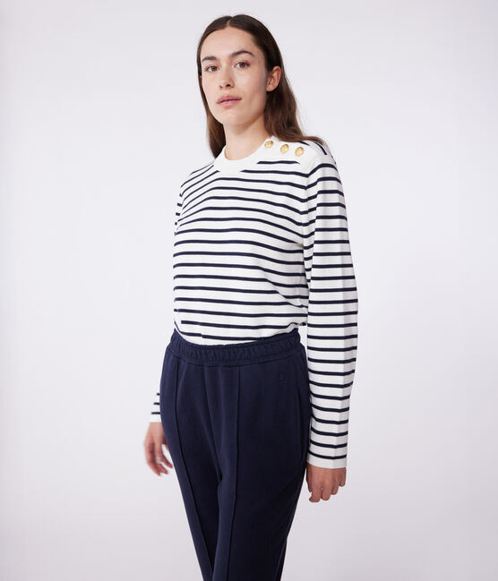 Jersey marinero de algodón a rayas para mujer blanco MARSHMALLOW/azul SMOKING